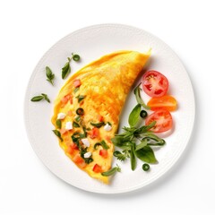 Top view of a fresh, delicious, wholesome and nutritious traditional omelet breakfast plate isolated on white, beautifully decorated, food photography
