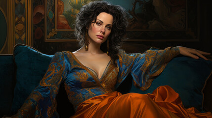 Fototapeta premium Beautiful, sensual and erotic woman posing on couch. Laid relaxing.
