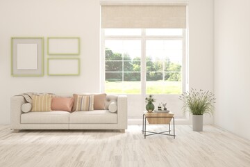 Modern interior concept with sofa and summer landscape in window. 3D illustration