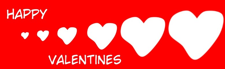 Happy Valentines text banner illustration with white love hearts having different sizes. Smallest to biggest on red and with blur.