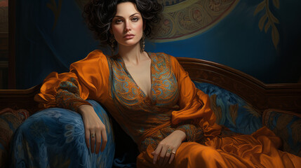 Fototapeta premium Beautiful, sensual and erotic woman posing on couch. Laid relaxing.