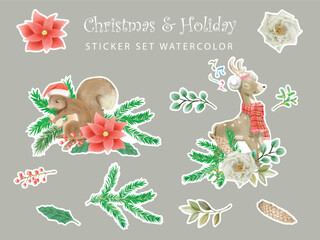 cute christmas scene with winter town and characters watercolor sticker set
