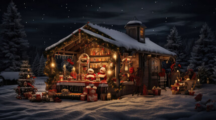 Christmas cottage at night with festive lights