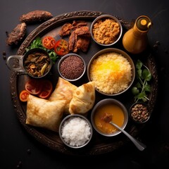 Top view of a fresh, delicious, wholesome and nutritious traditional african breakfast, beautifully decorated, food photography