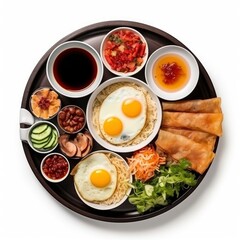 Fototapeta na wymiar Top view of a fresh, delicious, wholesome and nutritious traditional asian breakfast, beautifully decorated, food photography