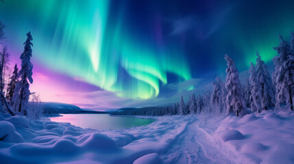 winter landscape with northern lights