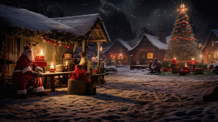 Obraz premium Christmas cottage at night with festive lights
