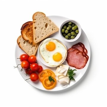 Top view of a fresh, delicious, wholesome and nutritious traditional european breakfast, beautifully decorated, food photography