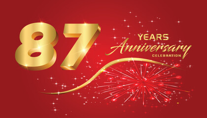Celebrate the 87th anniversary with gold 3D letters, gold ribbons on a red background.	