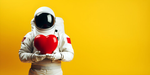 Astronaut with a red heart in hands on yellow background congratulates, space man in love, holiday banner with blank space for text