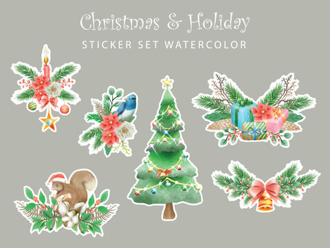 cute christmas scene with winter town and characters watercolor sticker set
