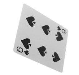 Flying playing card for poker and gambling, six spade isolated on white, clipping path
