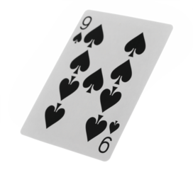 Flying playing card for poker and gambling, nine spade isolated on white, clipping path

