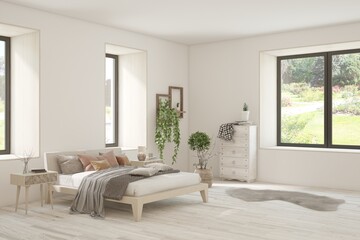 White bedroom concept. Scandinavian interior design. 3D illustration