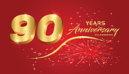 Celebrate the 90th anniversary with gold 3D letters, gold ribbons on a red background.	
