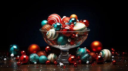 AI generated illustration of A small glass bowl filled with decorative holiday balls