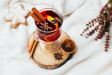 .close-up of a glass of mulled wine with cinnamon sticks and cardamom on a white background