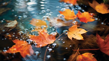 close up of fall maple leaves in water with water droplets