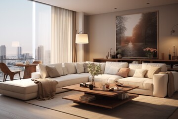 Fototapeta premium Modern apartment with beautiful furniture wide windows