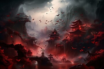 Foggy ancient Chinese mythology, an ethereal red butterfly swarm guides you through the spirit world to demon town. Generative AI - obrazy, fototapety, plakaty