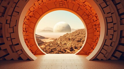 Generative AI, space door in the surreal landscape, sense of healing concept - obrazy, fototapety, plakaty