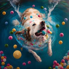 a dog having the best time of his life in a pool full of kibbles  - obrazy, fototapety, plakaty
