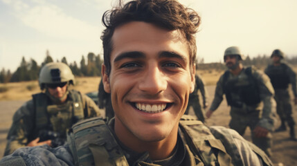 Fototapeta premium Selfie of happy group of soldiers. Team work, friends.