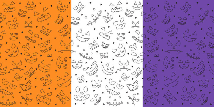 Seamless pattern with scary faces in outline on purple, white, orange for halloween, packaging, wrapping, posters, webs