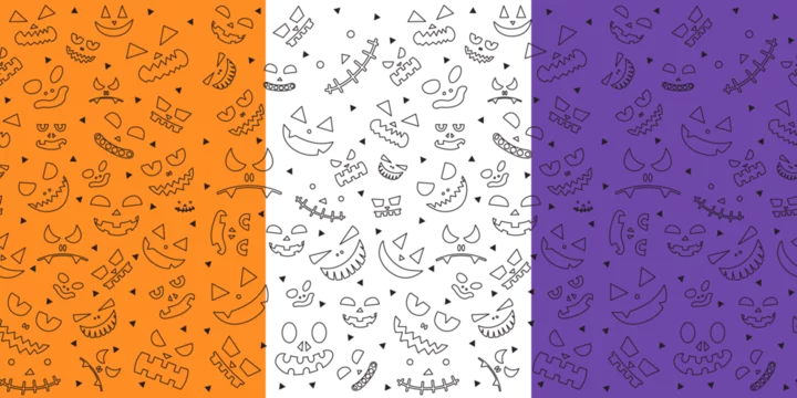 Seamless pattern with scary faces in outline on purple, white, orange for halloween, packaging, wrapping, posters, webs