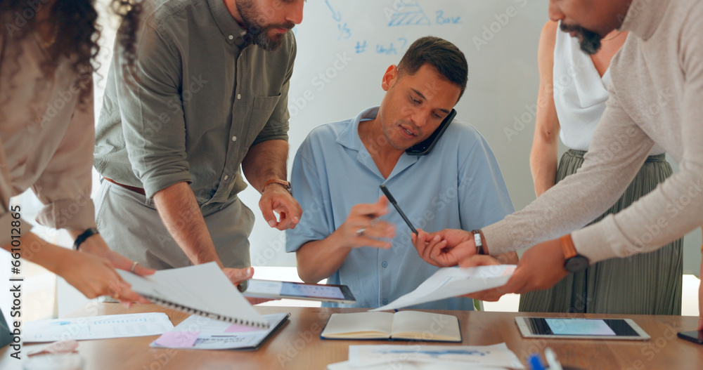Poster phone call, multitasking and man with workflow crisis, business and conversation with planning, dead