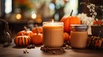 An orange burning candle with pumpkins in the background