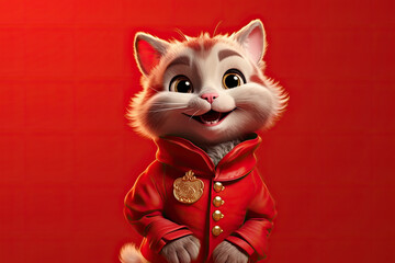 Petfluencers: The Adorable Cat's Quest to Become a Musketeer on Red Background - obrazy, fototapety, plakaty