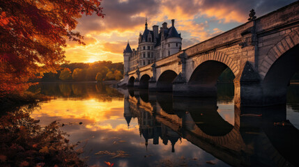 a castle on the river with bridges - obrazy, fototapety, plakaty