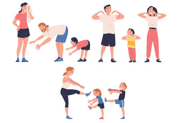 Happy Family Engaged in Sport Activity Doing Physical Exercises Vector Set