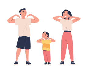 Happy Family Engaged in Sport Activity Doing Physical Exercise Vector Illustration