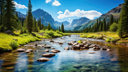 a shallow river in the mountains