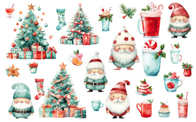 Set of Santa Claus and Christmas tree present gift boxes, Christmas stockings, Christmas food, drinks, dessert watercolor vectors in Coral and Aqua color