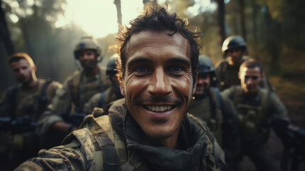 Fototapeta premium Selfie of happy group of soldiers. Team work, friends.