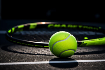 Tennis ball on the court, tennis racket next to it, natural lighting, realistic image
