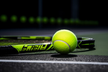Tennis ball on the court, tennis racket next to it, natural lighting, realistic image