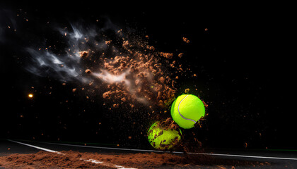 An abstract shot of a tennis ball on a black background. It leaves behind a trail of clay, earth from the impact. Dynamic shot showing the flight of the ball