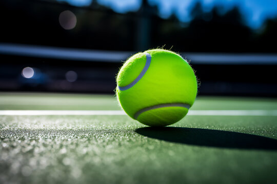 Tennis ball on court, natural lighting, realistic image