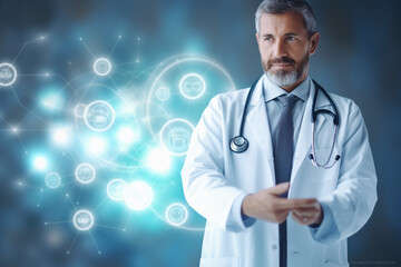 Double exposure of healthcare And Medicine concept. Doctor using modern virtual screen interface
