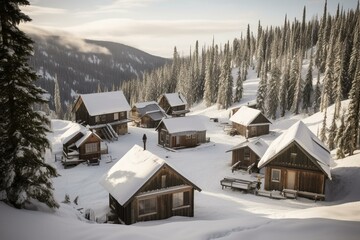 A cluster of cabins amidst snow-covered roofs and evergreen trees, with rolling hills in the distance. Generative AI