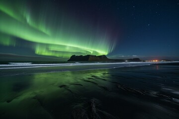 Vibrant aurora borealis illuminating Iceland's beach. Generative AI
