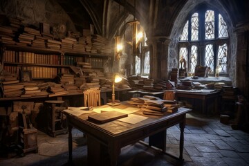 A scriptorium in a medieval castle where manuscripts were copied and illuminated. Generative AI