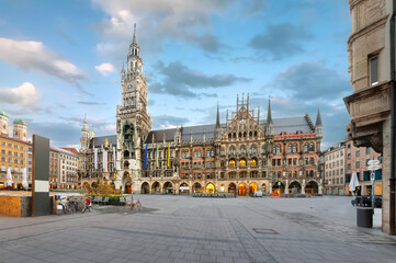 Panoramic view of Neo-Gothic City Hall located on Marienplatz square in Munich, Germany