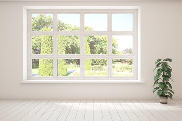 White empty room with summer landscape in window. Scandinavian interior design. 3D illustration