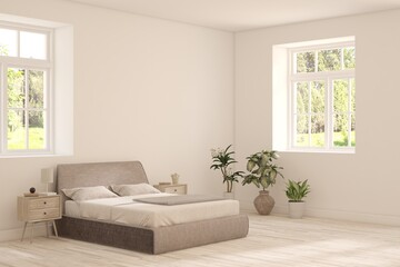 White bedroom concept. Scandinavian interior design. 3D illustration