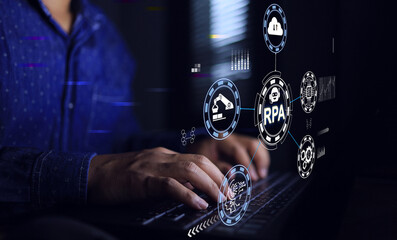 Robotic process automation RPA concept, office documentation work using automation technology to help in repeat process to reduce human work load and have a time to another jobs and creat new idea.